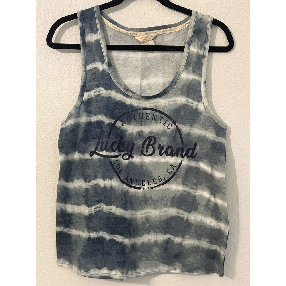 Lucky Brand Blue Gray Tie Dye Logo Tank Top Size Large Cotton Blend